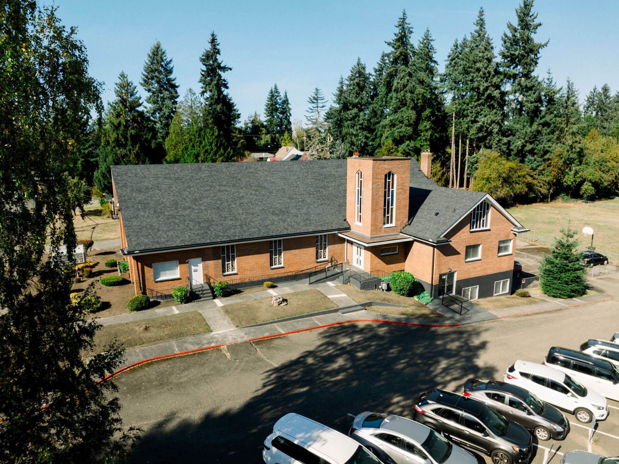 Aerial view of the Greater Heights church building in Tacoma